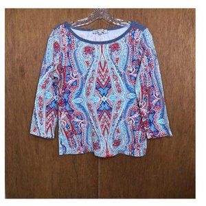Jones New York Sport Blue Red Large Boho Print Top